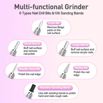 20000RPM Electric Nail Drill Professional Nail File Drill Acrylic Nails Kit for Manicure Gel Nail Polish Remover with 1 Pack of Sanding Bands(Pink)