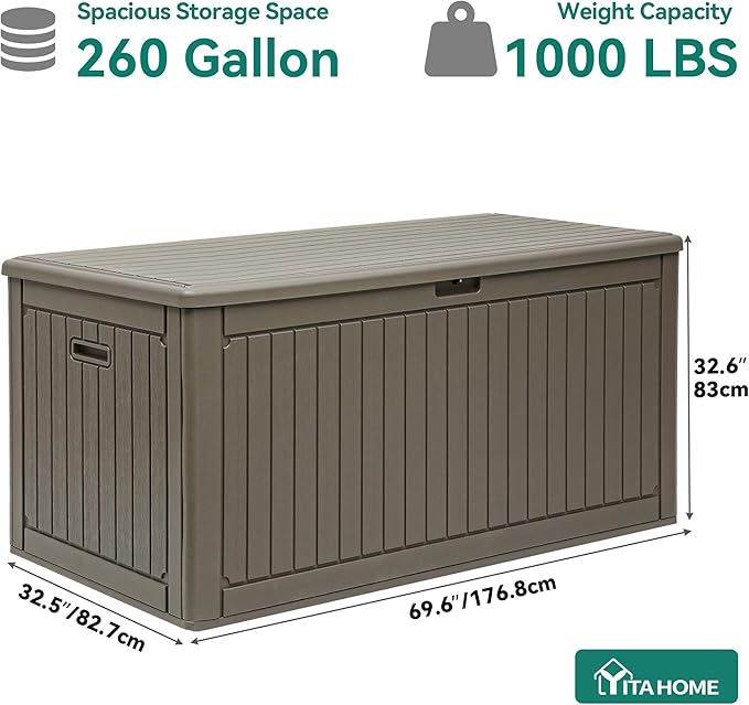 YITAHOME 260 Gallon Large Deck Box with Divider & Side Handles, Outdoor Double-Wall Storage for Patio Furniture Cushions, Garden Pool Accessories, Waterproof & Lockable