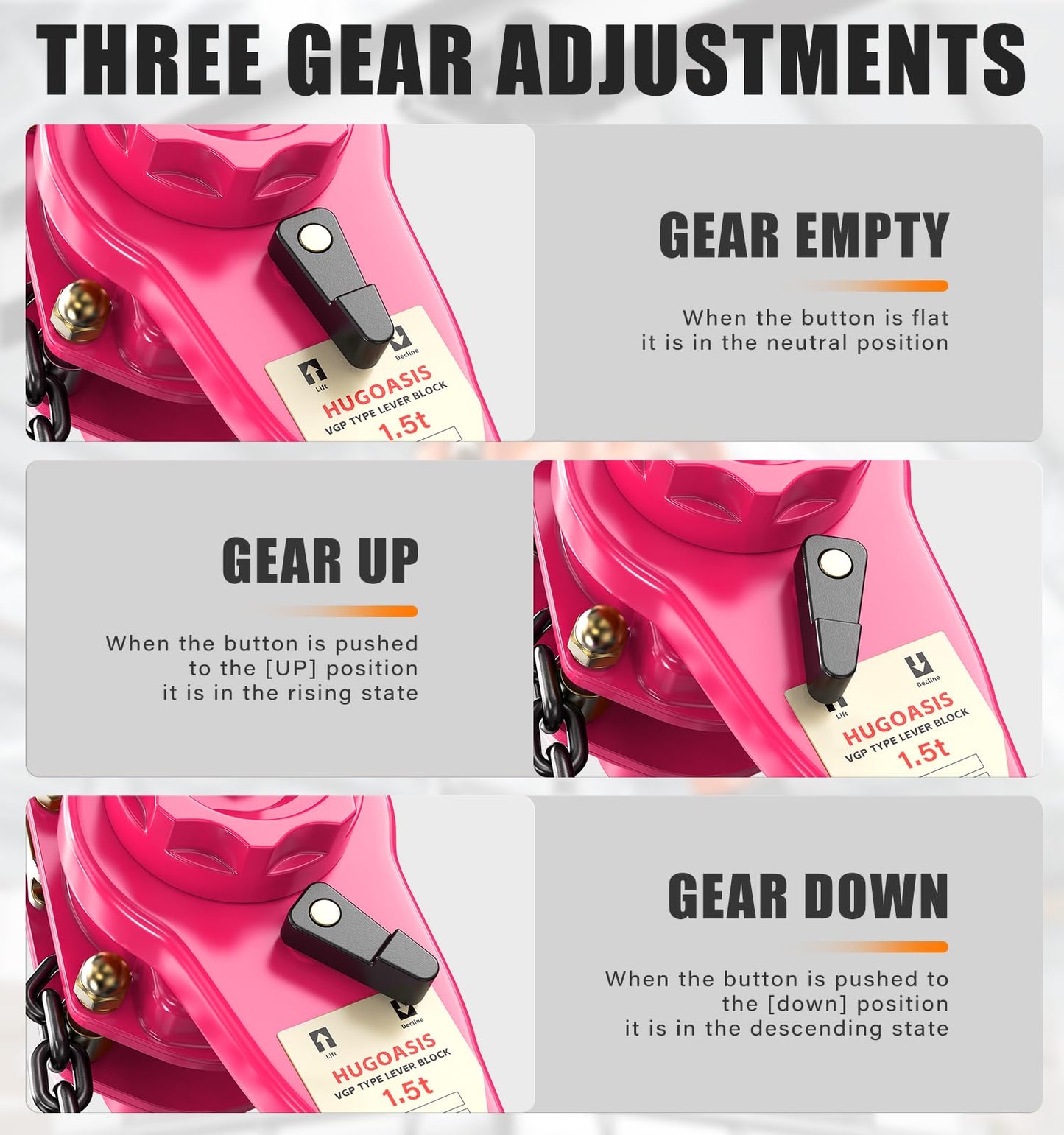 HUGOASIS 1-1/2 Ton 3300lbs Lever Chain Hoist Capacity 10ft,Chain Come Along with Dual Brake System, G80 Manganese Steel Chain, 2 Heavy Duty Hooks for Garages Warehouse Automotive Machinery – Pink