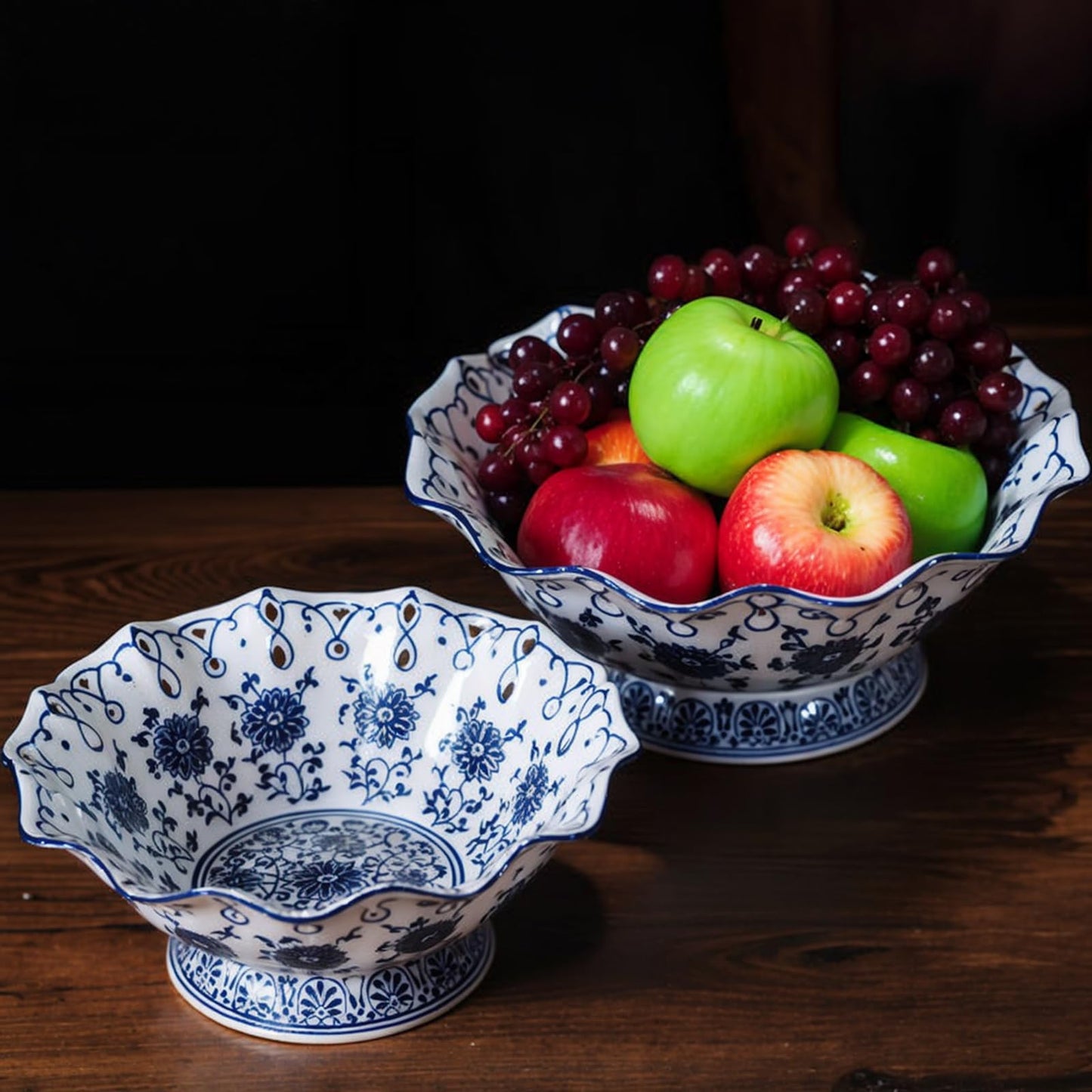 Blue and White Decorative Fruit Bowl for Kitchen Counter - 9.5" Large Ceramic Fruit Pedestal Bowl for Home Table Decor, Blue and White Chinoiserie Floral Decor, Large China Footed Fruits Bowls Basket