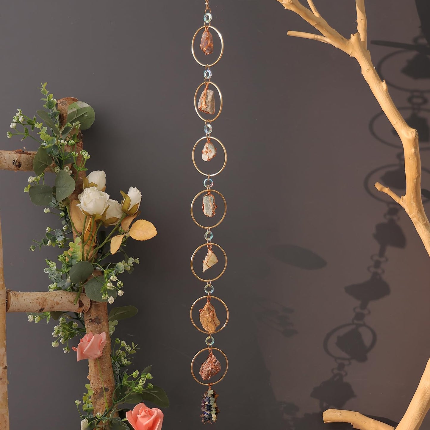 7 Chakra Healing Crystals Hanging Ornament，Handmade Chakra Natural Stones Gemstones Wall Hanging Ornaments for Home Decor Yoga Meditation(7 Natural Stones)