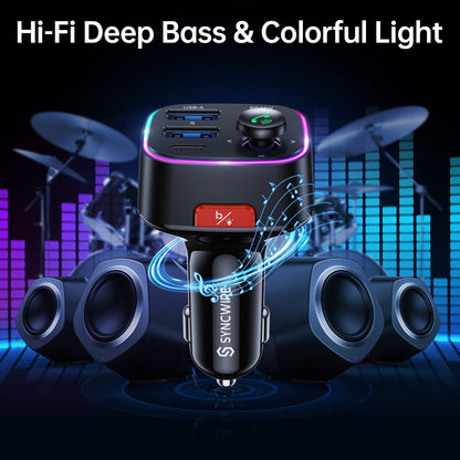 Syncwire Bluetooth 5.4 FM Transmitter Car Adapter 48W (PD 36W & 12W) [Light Switch] [HiFi Bass Sound] [Fast Charging] Wireless Radio Music Adapter LED Display Hands-Free Calling Support USB Drive