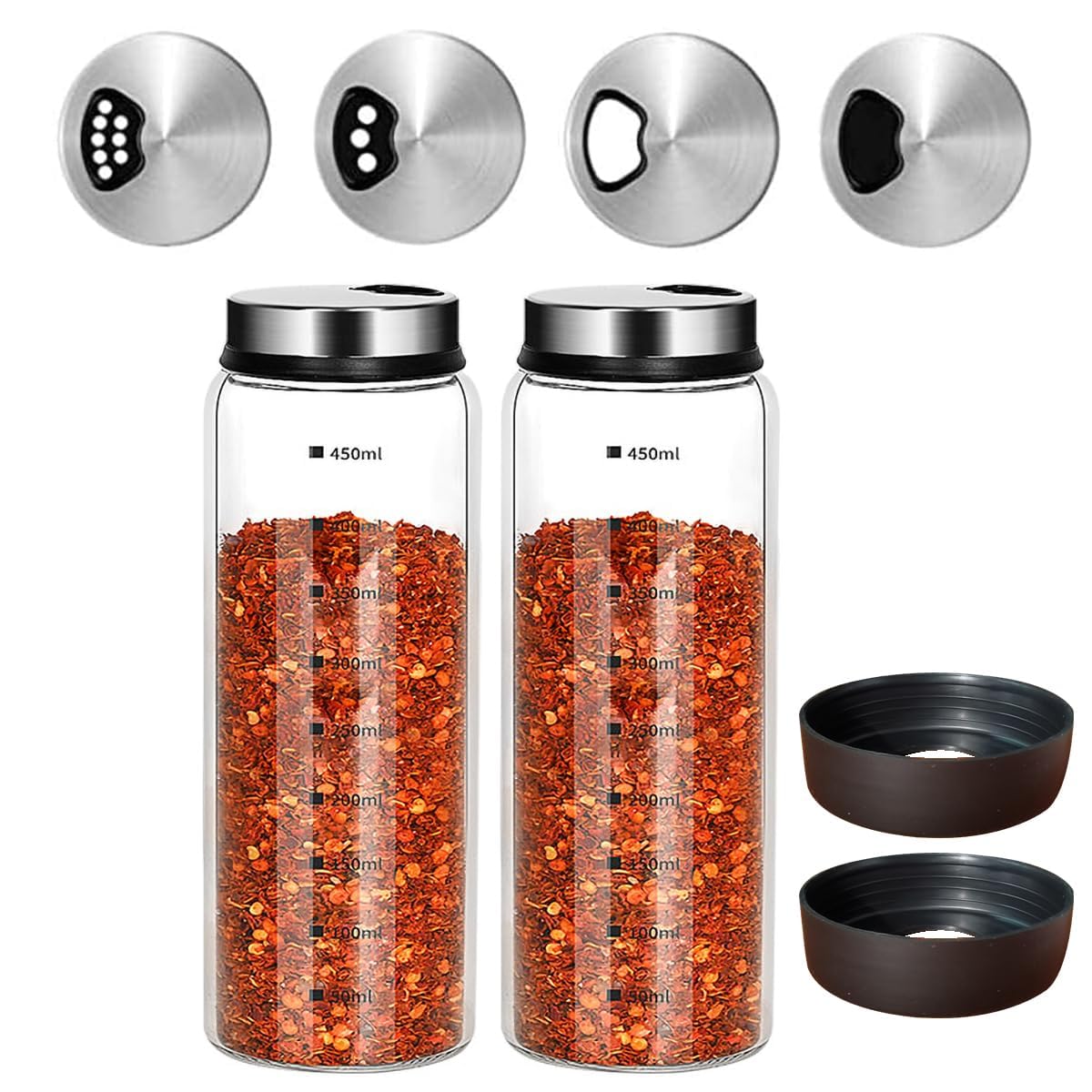 15 oz Glass Salt and Pepper Shaker Set with 304 Stainless Lid Adjustable Pour Holes Spice Jars Dispenser Seasoning Cans for Kitchen Decor and Home Restaurant Kitchen Accessories (2 Pcs, 450 ML)