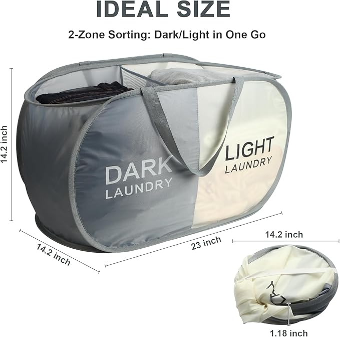 Seefoo 2-Section Collapsible Laundry Baskets, Dual Compartment Foldable Pop Up