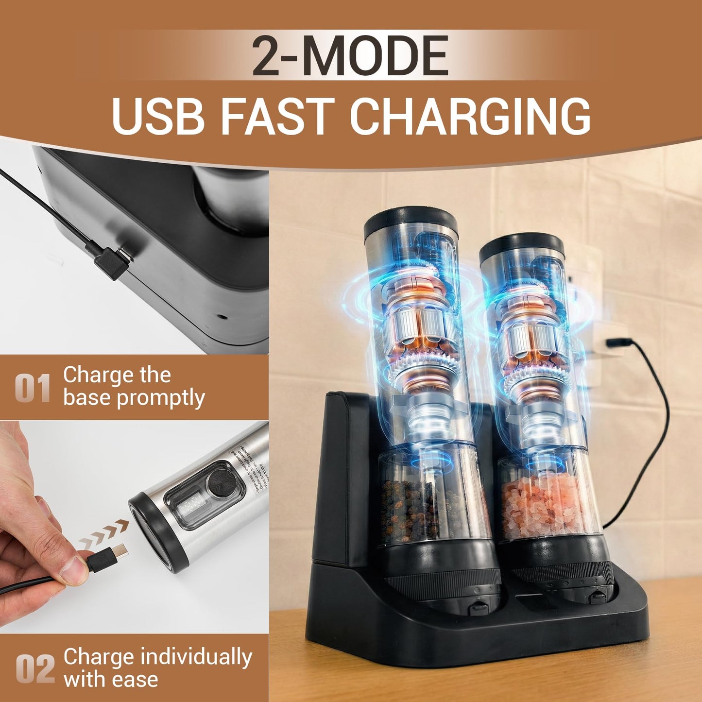 Electric Salt and Pepper Grinder Set with Rechargeable Base，Stainless Steel Automatic Refillable Electric Salt and Pepper Shakers，Large Capacity, 2-Speed Setting, LED & Adjustable Coarseness, Black