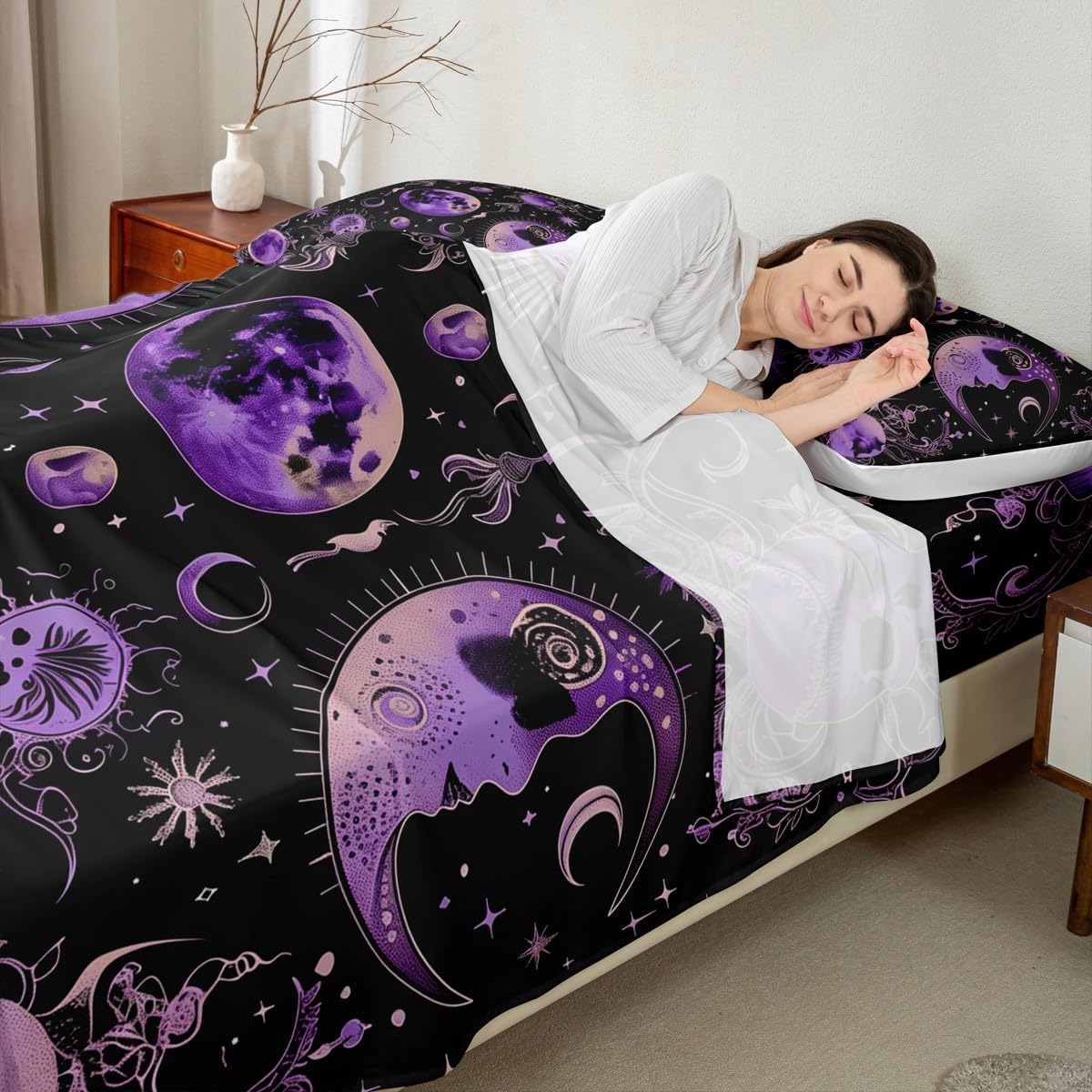 jejeloiu Kids Halloween Decor Bed Sheets Set Twin Size Purple Eclipse of The Sun Bed Set Sun and Moon Deep Pocket Fitted Sheet Astronomy Breathable Soft Lightweight Microfiber
