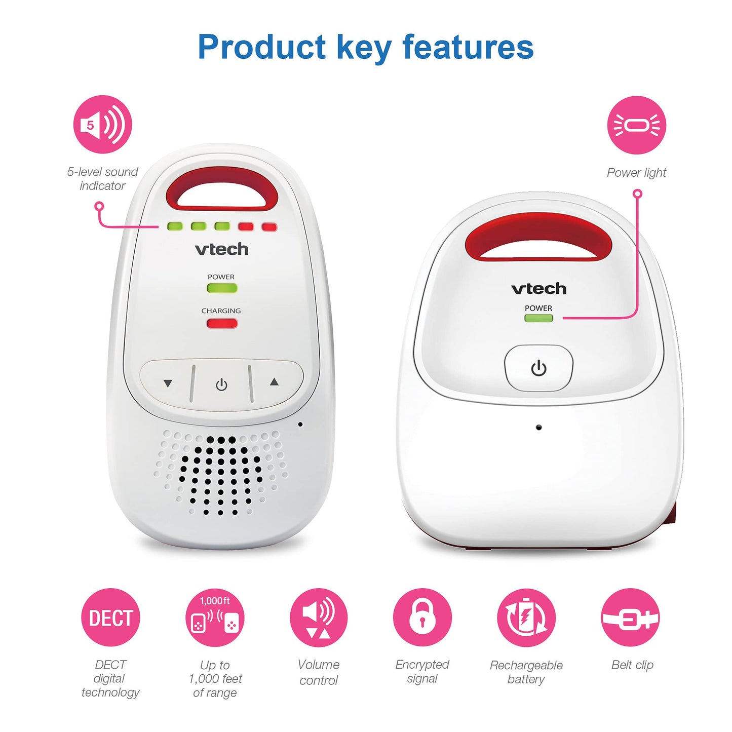 VTech BM1000 Digital Audio Baby Monitor, Parent Unit with Rechargeable Battery, Long Range, Digital Wireless Transmission, Baby Monitor with Crystal-Clear Sound, Plug & Play, Sound Indicator & Alerts