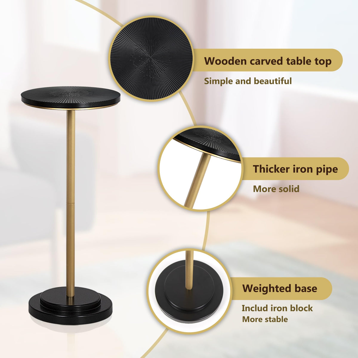 COVLON Drink Table, Small Pedestal Side Table with Wooden Carved Top for Living Room, Bedroom, Small Space, Gold and Black