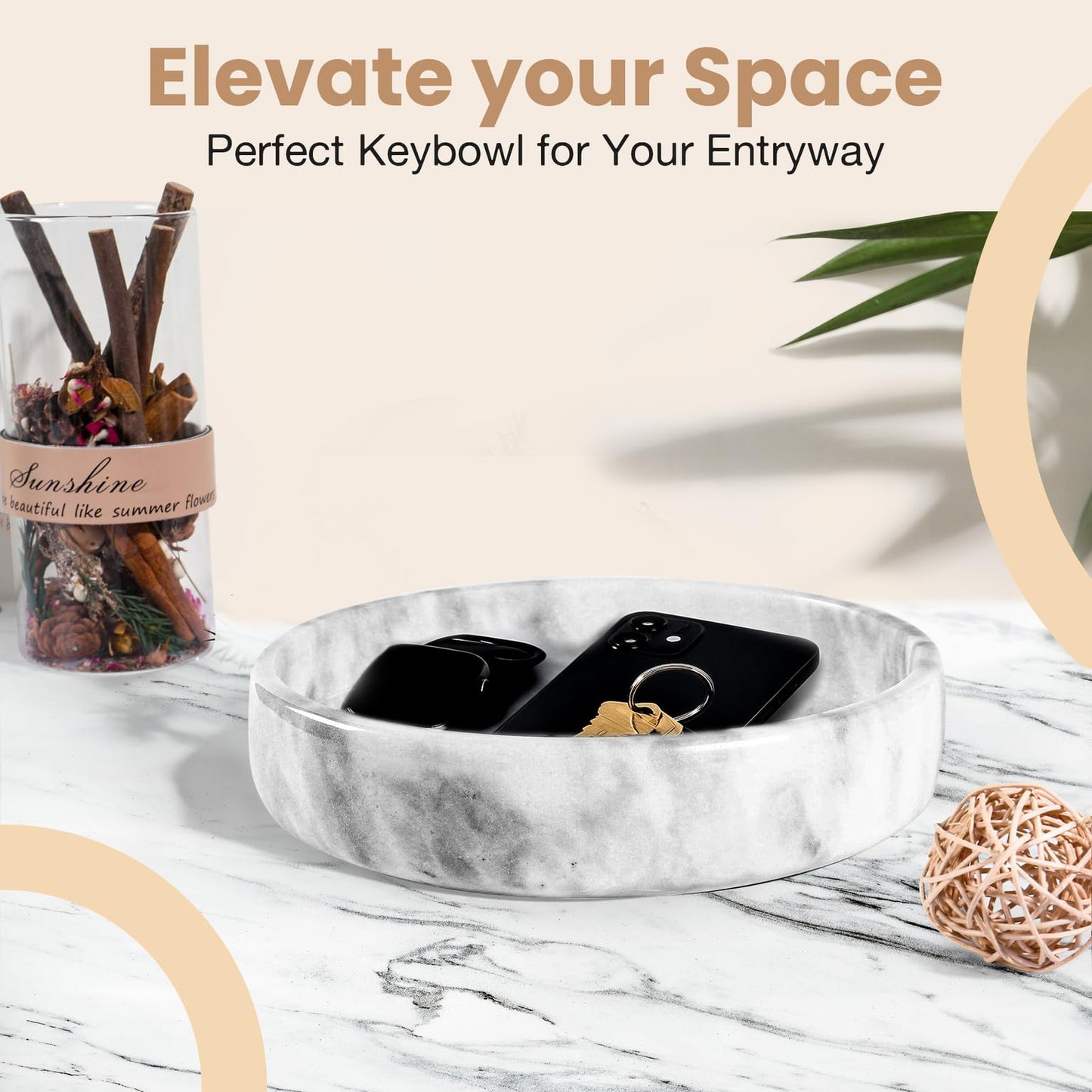 FNTSTICGOODS Marble Decorative Bowl - 7.5" White/Grey Solid Marble Centerpiece - Handmade Stone Fruit Bowl - Catch-All or Key Bowl for Kitchen - Modern Minimalist Decor