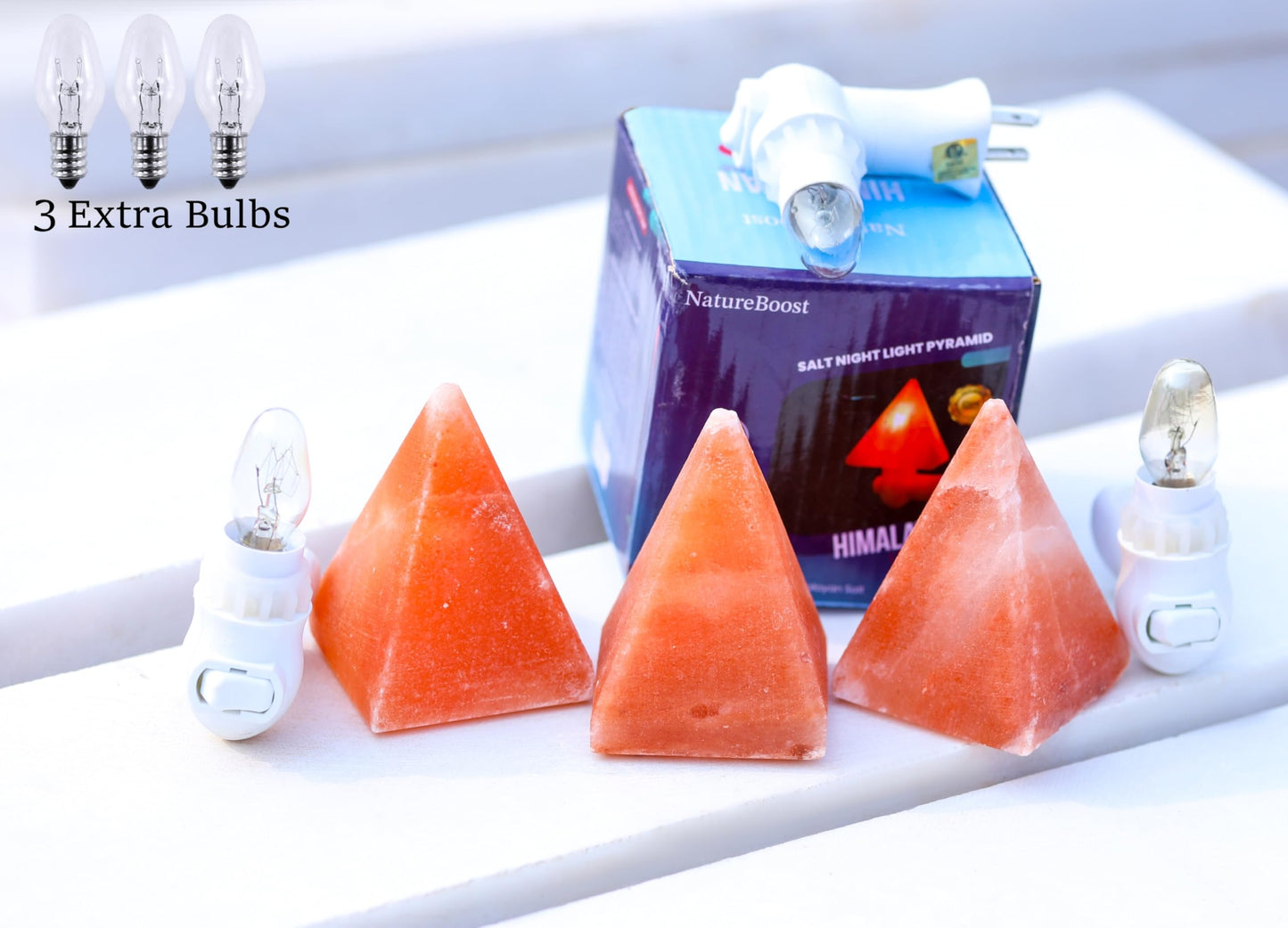 NatureBoost Himalayan Pink Salt Night Light Pyramid (3 Pack) Natural Crystal Plug-in Salt Lamp with Warm Amber Glow.