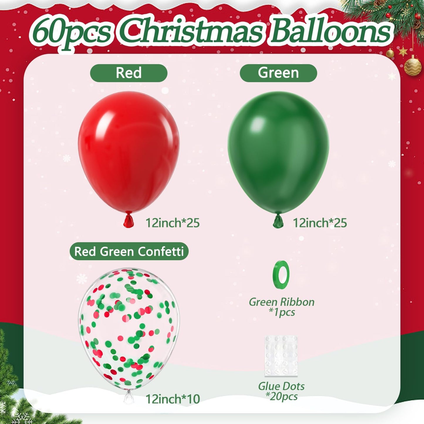 61pcs Red and Green Balloons, 12inch Green and Red Latex Confetti Balloons for Christmas Birthday Party Decorations
