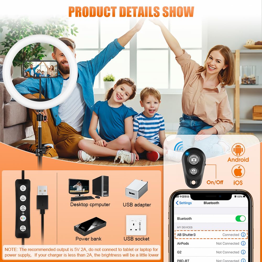 11.5'' Ring Light with Tripod Stand & Phone Holder Tall, GerTong LED Professional Selfie Circle Ringlight with Remote for Makeup YouTube, Floor/Desk USB Halo Lamp with 40 RGB Modes 13 Brightness