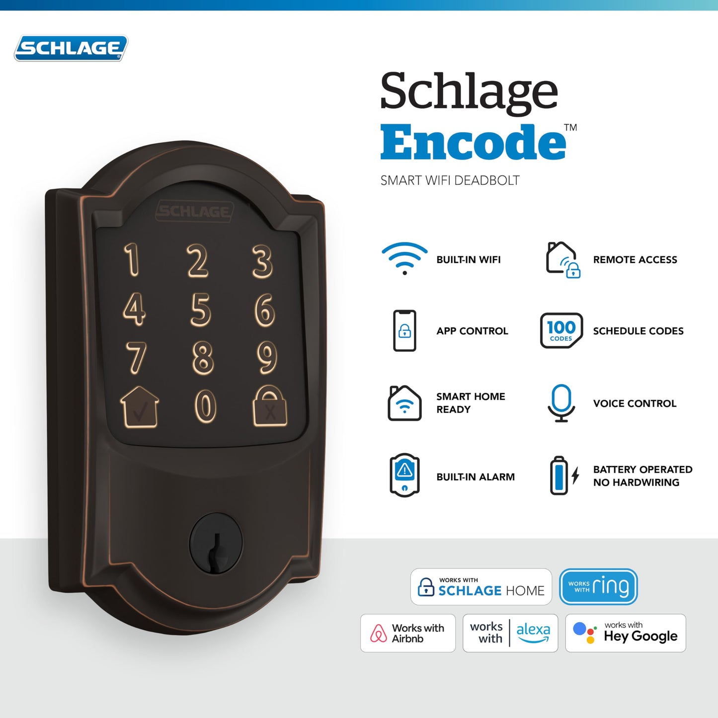 Schlage Encode Smart WiFi Deadbolt Lock for Front Door - Keyless Entry with App or Touchscreen - Works with Alexa, Hey Google, & Airbnb - Create Codes for Guests - Matte Black