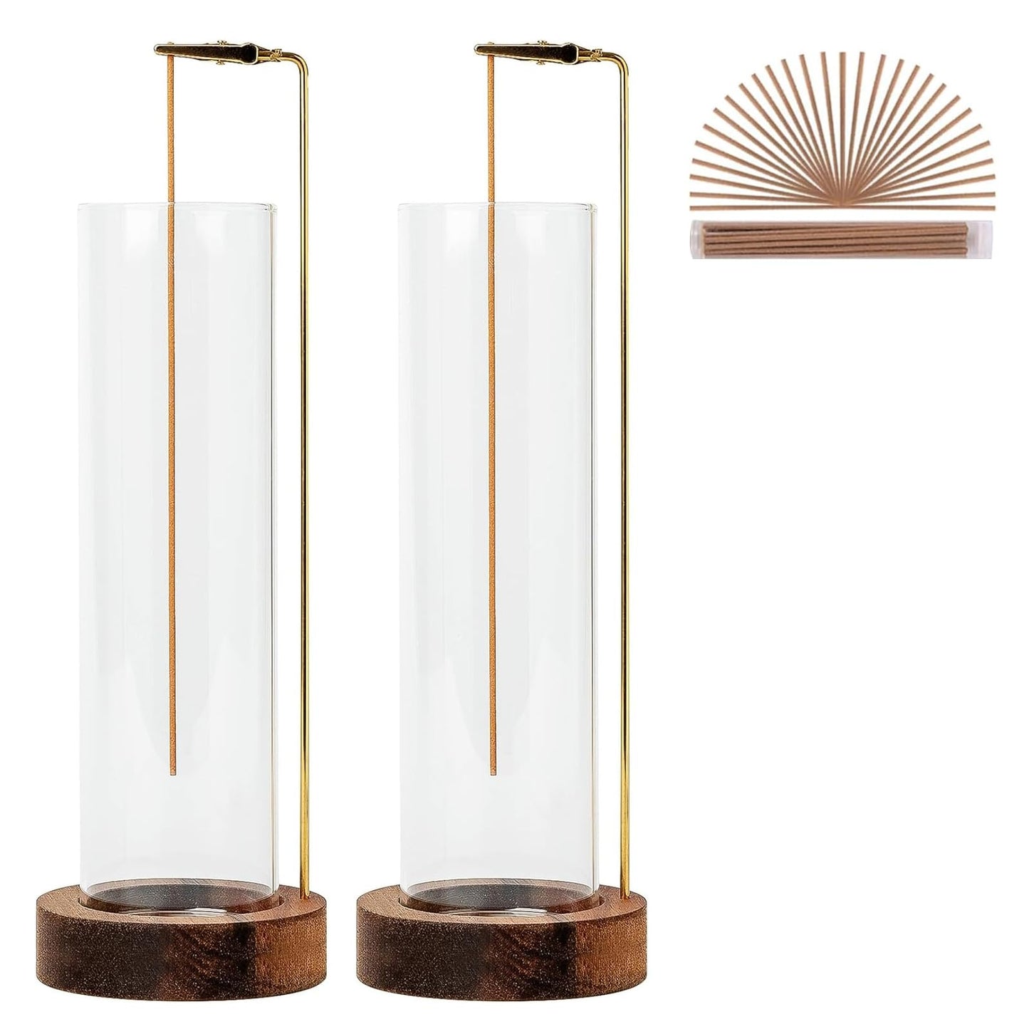 Incense Holder for Sticks, Anti-Ash Flying Incense Burner with 30 Incense Sticks, Detachable Glass Ash Catcher (Wood, Brown-2Pcs)