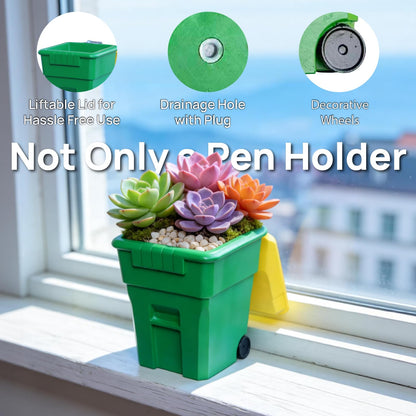 ini Trash Can Pen Holder with Lid - 3-in-1 Desk Organizer Pencil Cup Small Plant Pot with Drainage Desktop Trash Bin for Office Plants and Gifts Green