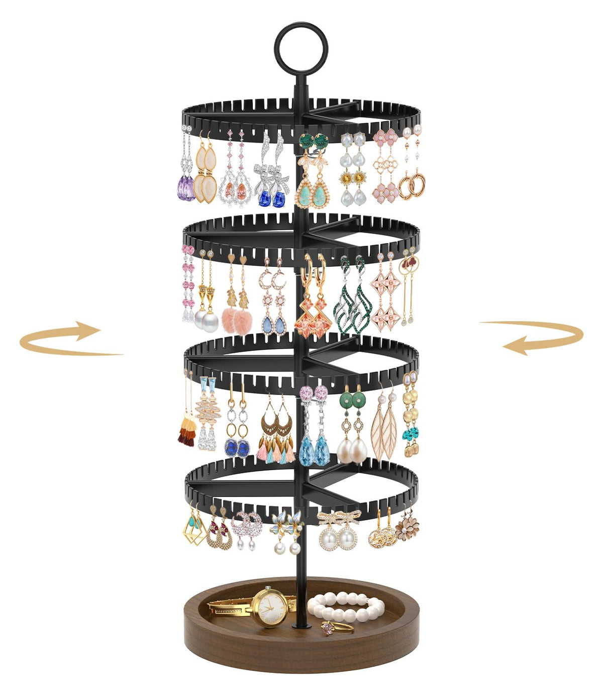 MODOWEY 4 Tier Rotating Earring Holder Organizer Display Tree with Wooden Tray, Adjustable Plastic Stand with 228 Slots for Stud Hoop Hanger, Large Capacity Storage Rack for Women Space Saving, Black