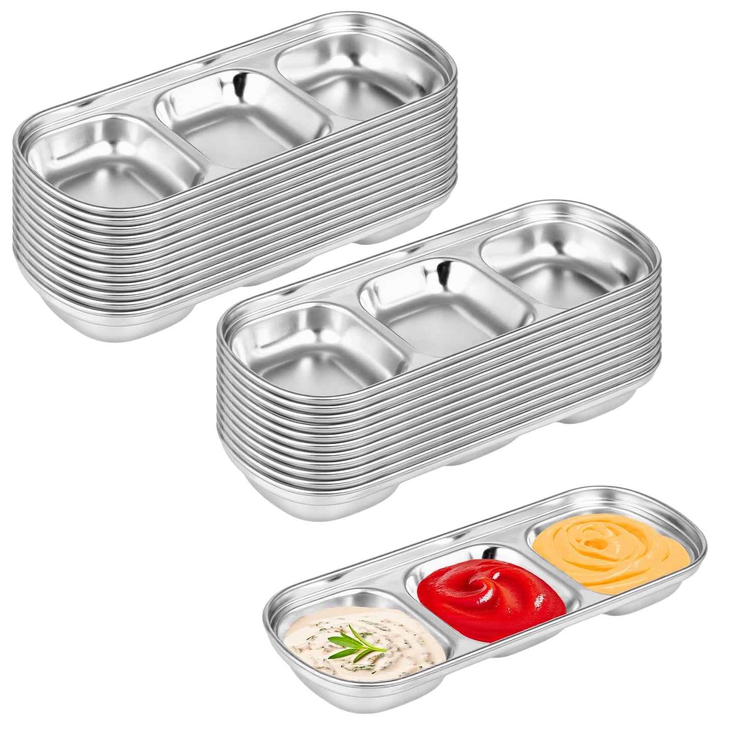 UCEHIPAW 24 Pcs Soy Sauce Dish Stainless Steel Korean 3 Compartment Dip Sauce Bowls Home Tray Divided Seasoning Dipping Condiment Plate for Restaurant Spice Salt Sugar Vinegar BBQ (Silver)