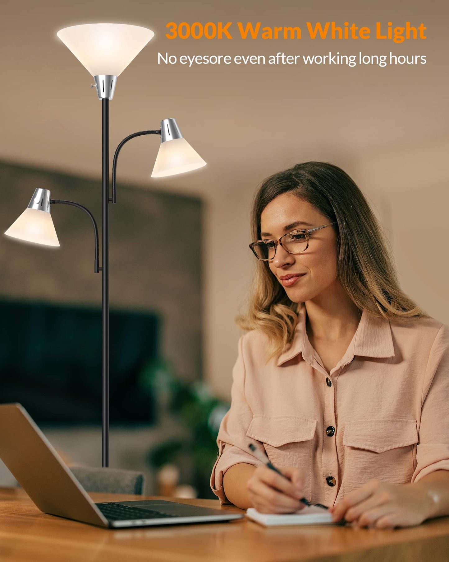 LEPOWER Floor Lamp, Standing Lamp with Replaceable 3000K Energy-Saving, Metal Lamp for Living Room with Adjustable Reading Lights, Modern Bright Floor Lamp for Bedroom, Office
