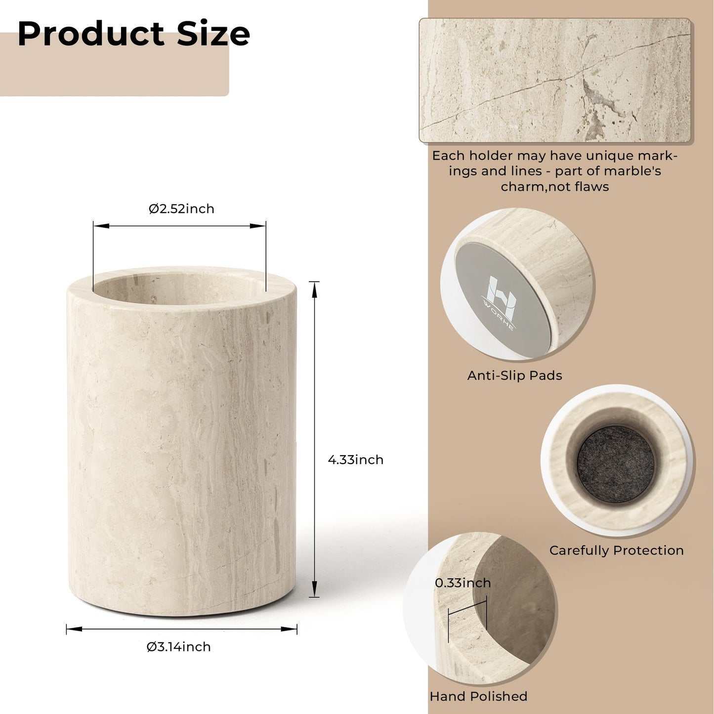 WORHE Natural Marble Pen Holder for Desk, Handcrafted Sturdy Desk Organizer with Anti-Slip Base 3.1” x 4.3” – Unique Stone Craft for Office Supplies, Makeup Brushes & Home Decor Grey (WH077)