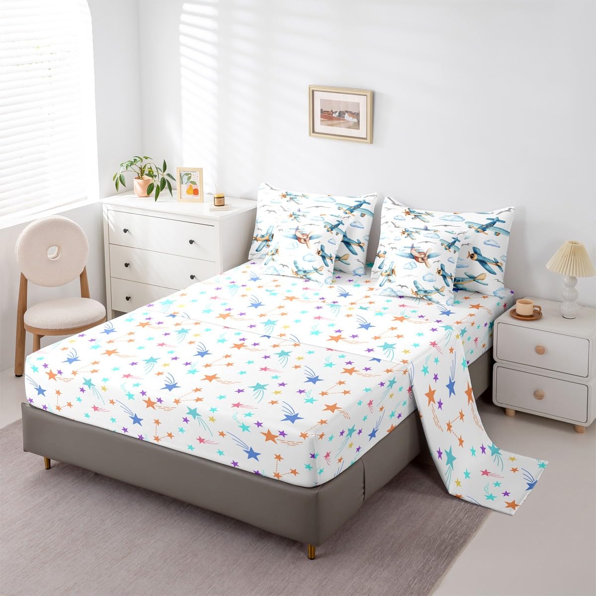 Erosebridal Boys Cartoon Propeller Plane Full 7 Pcs Bedding Set, Aircraft Airplane Comforter Set with Sheets, Blue Clouds Bed in A Bag for Kids Girls Adults Bedroom, Flying Birds Animals Bed Sets