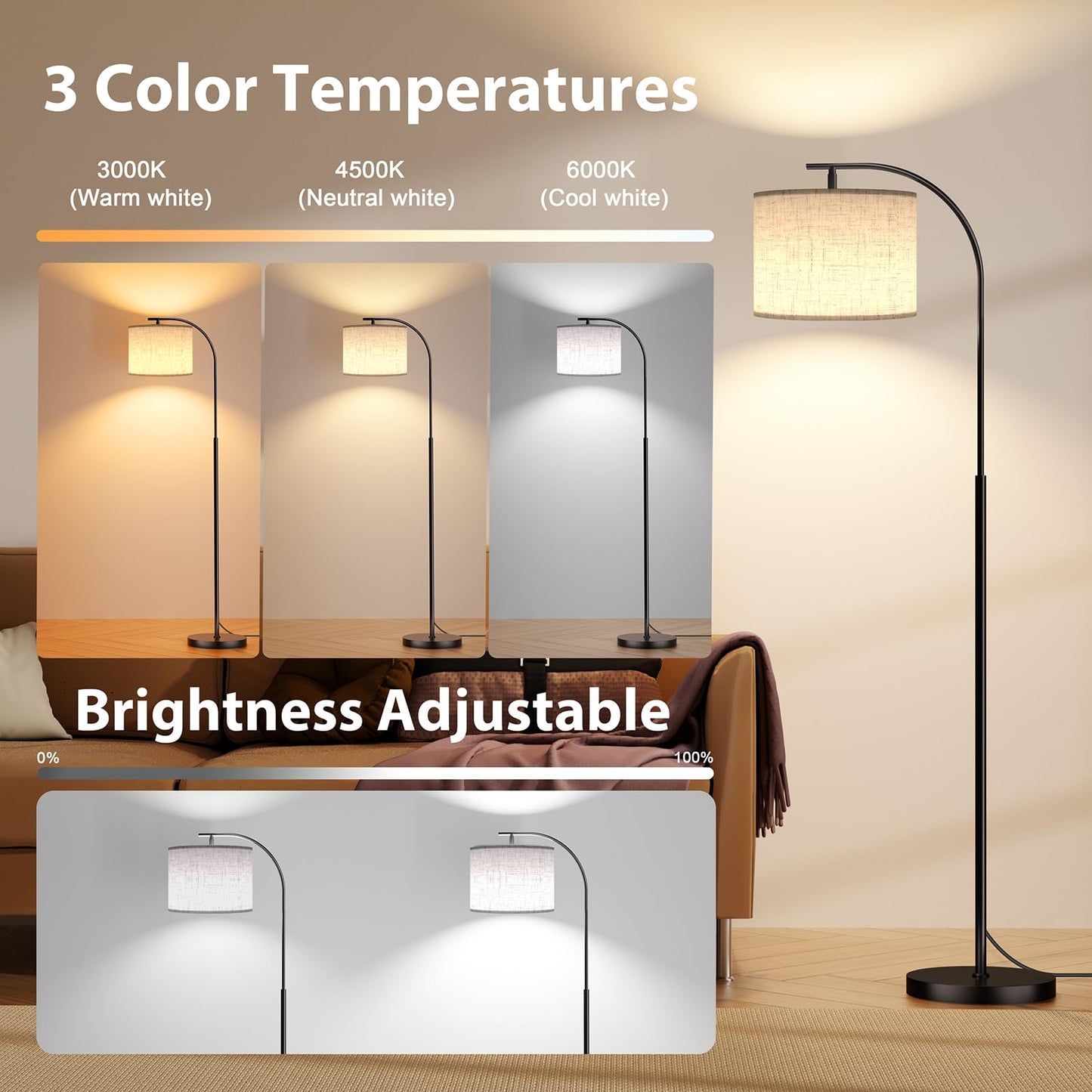 SIBRILLE Floor Lamp with Linen Shade, Arc Dimmable Tall Standing Lamp with Remote Control, Modern Floor Reading Light for Living Room Bedroom Office Corner, 9W LED Bulb Included