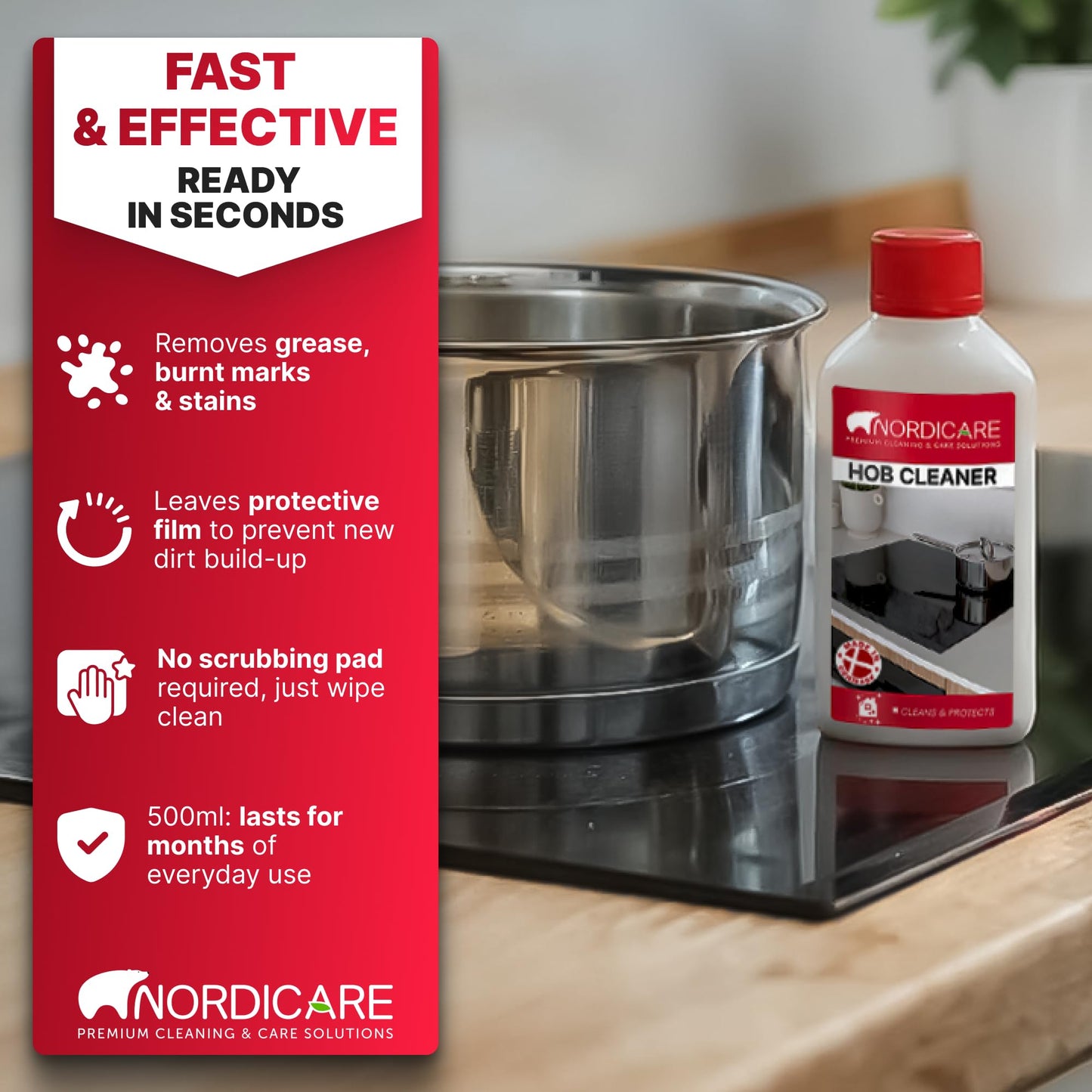 Nordicare Hob Cleaner Glass Ceramic - Induction Stove Top Cleaner Polish and Protector for Everyday Use - Made in Denmark (500ml)
