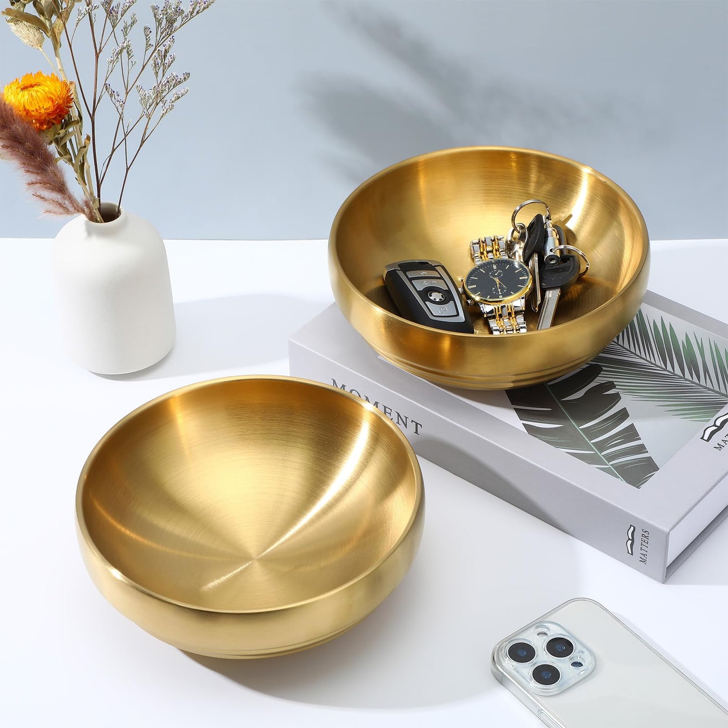 MBAIYO 2 Pcs Gold Large Key Bowl, 7.4 Inch Decorative Key Bowl for Entryway Table Catch All Dish Gold Keys Bowls for Entryway Table Home Decor Centerpiece