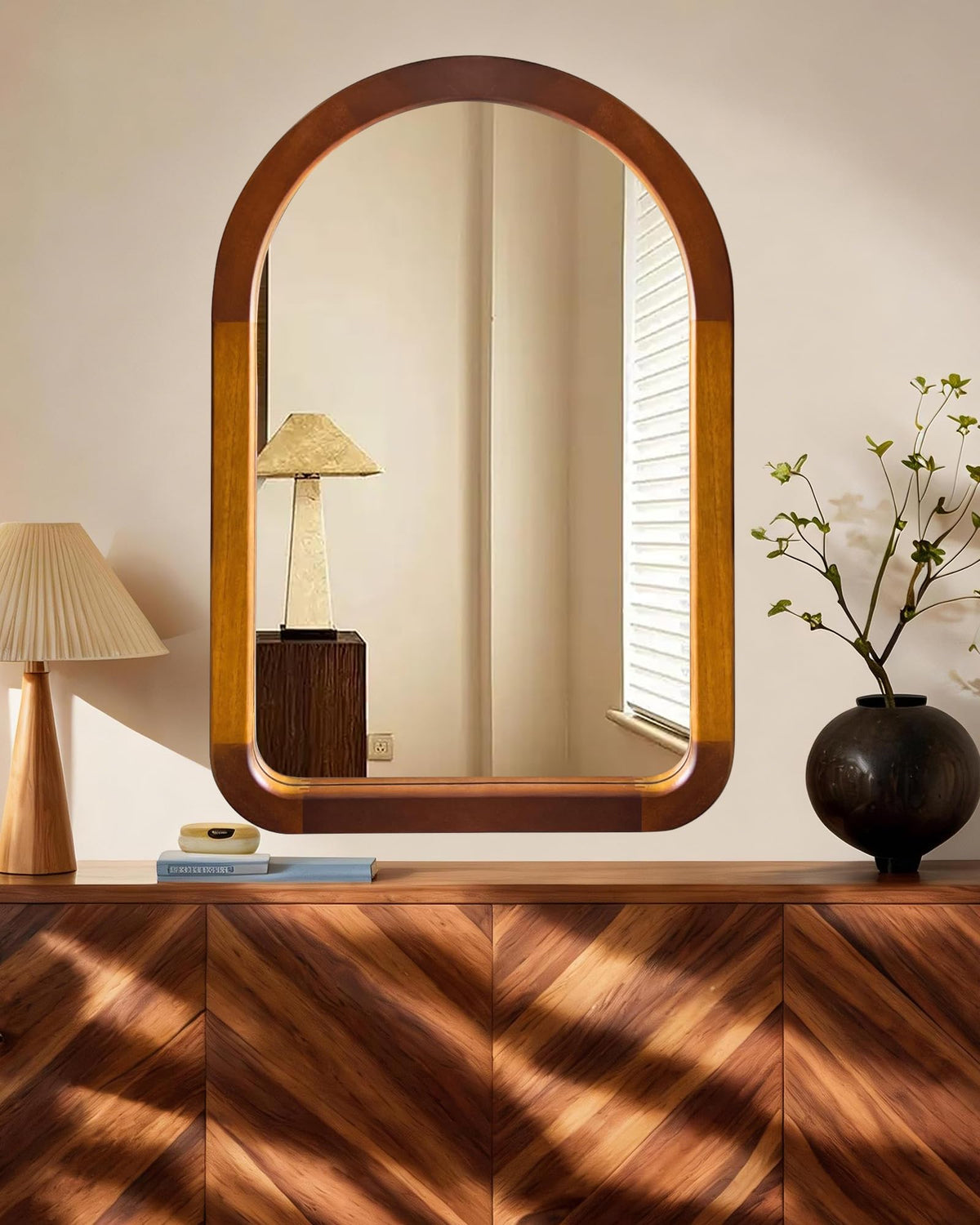 Arched Bathroom Mirror,Wood 24 x 36 Inch Arch Wall Mirror with Walnut Frame,Vanity Tempered Glass Mirror for Bedroom,Entryway,Living Room