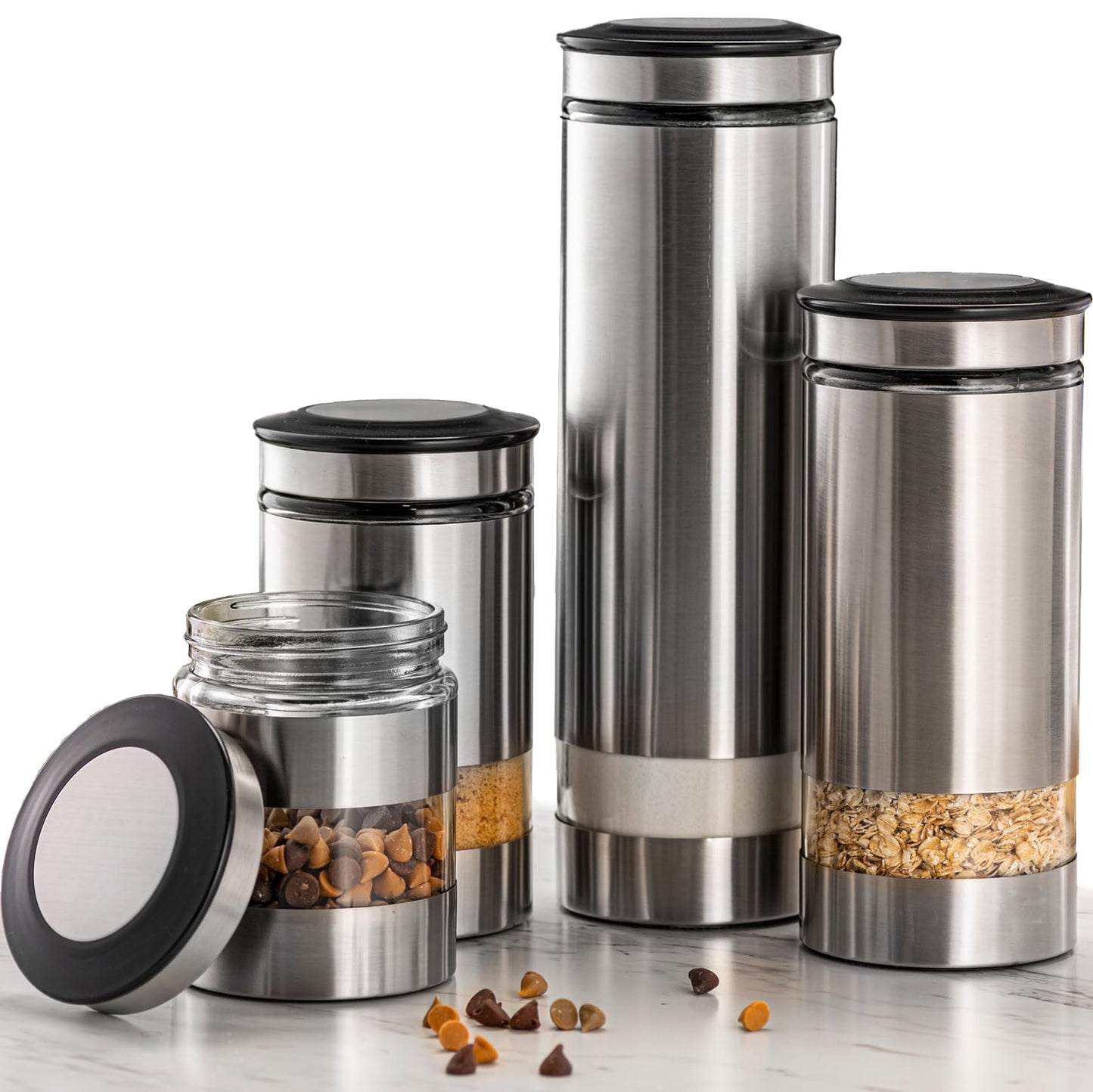 Le'raze Airtight Glass Canister Set of 4 with Stainless Steel Sleeve for Kitchen Counter - Food Storage Containers with Glass Window and Airtight Lids - Pantry Storage and Organization Set