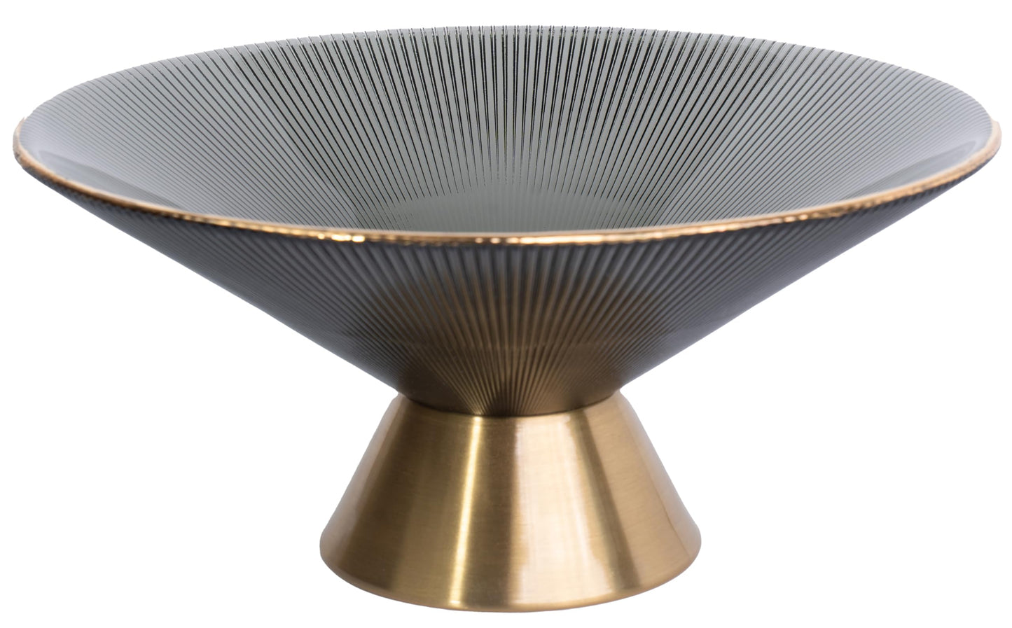 Tapered Glass Decorative Bowl(Gray), 9.8 Inches Handblown Striped Glass Bowl with Gold Trim and Rust Resistant Metal Base,Decor Fruit Bowl for Home Decor,Table Centerpiece,Kitchen Island,Dining Decor