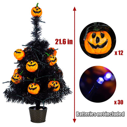 Sunnyglade 21.6” 30 LED Halloween Black Spooky Tree Glittered with Purple Lights & 12 Pumpkin Decorations,Battery Powered for Halloween Indoor Tabletop Decoration