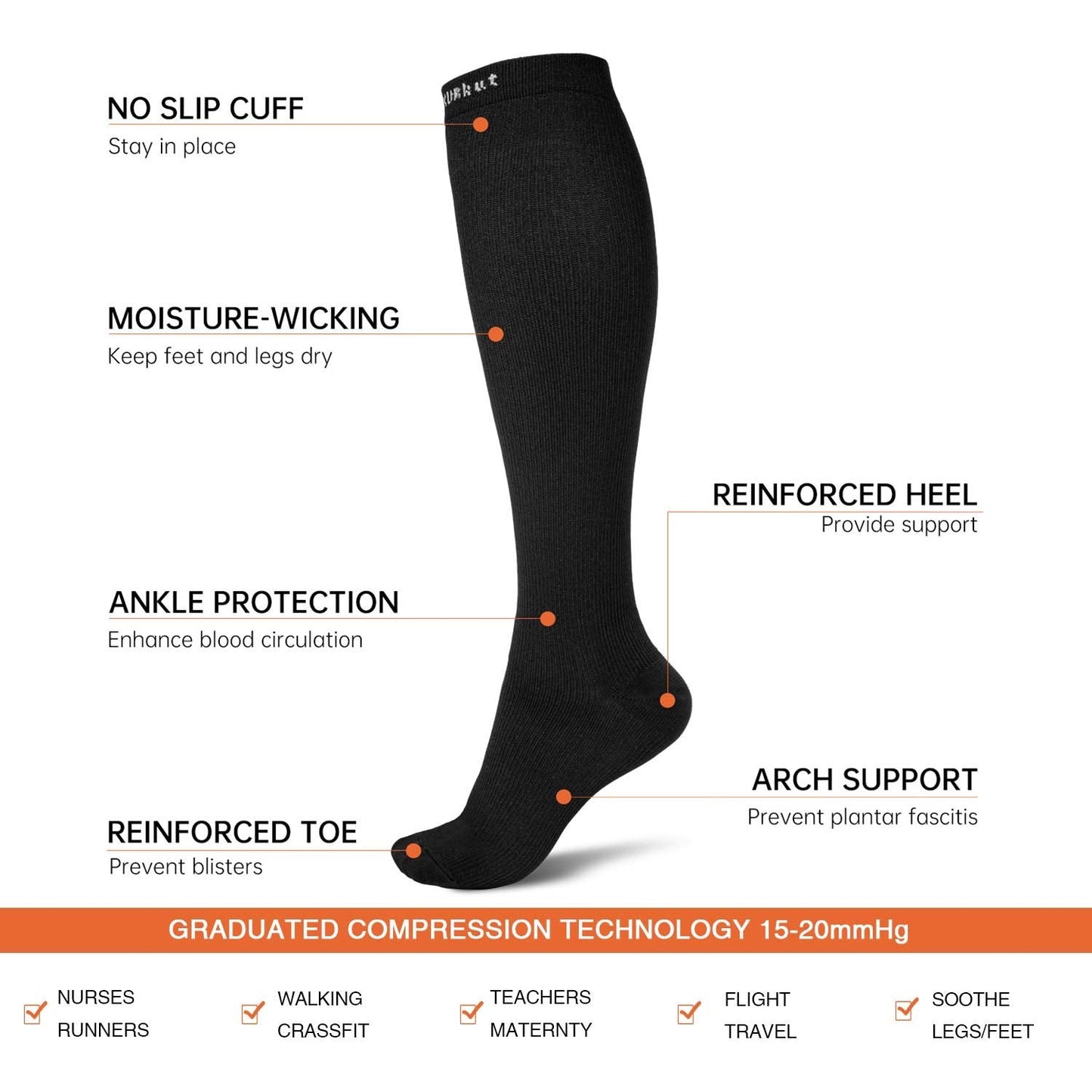 QXURkut 3 Pairs Compression Socks for Men Women 15-20mmHg Compression Stockings Flight Socks Sports Knee High Long Socks (L-XL)
