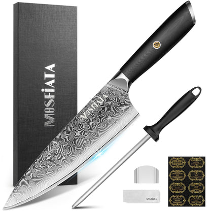 MOSFiATA Damascus Chef Knife 8", Professional Sharp Kitchen Knife 67 Layers Damascus Stainless Steel VG10 Core, Chef's Knives Chopping Cooking Knife Set with Ergonomic G10 Handle Sharpener Gift Box