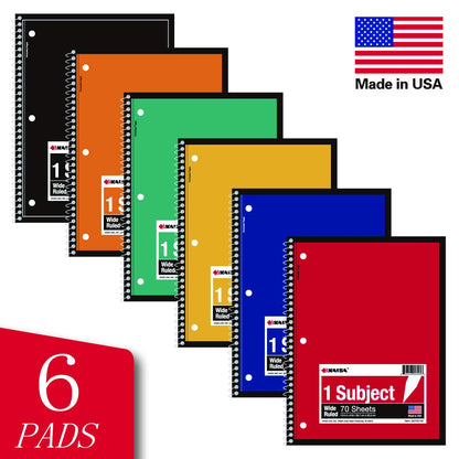 KAISA 1-Subject Wirebound Notebook Spiral Note Book, 8x10.5inch Wide Ruled 70sheets/pad Wire Notebooks Office School Supplies for Students Office, Pack of 6Pads, S07001W