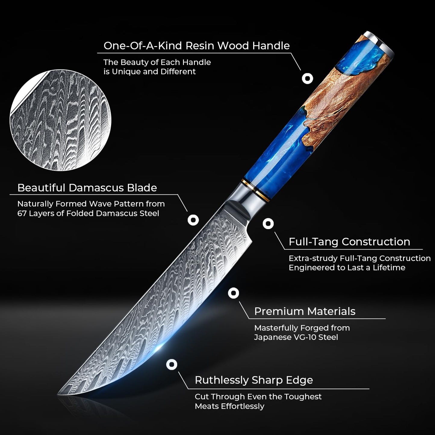SENKEN Damascus Steak Knife Set - Tsunami Collection - 67-Layer Japanese VG10 Steel - Razor Sharp Non-Serrated Blades, Blue Resin & Natural Wood Pattern Handles, Luxury Gift Box (8 Steak Knife Set)