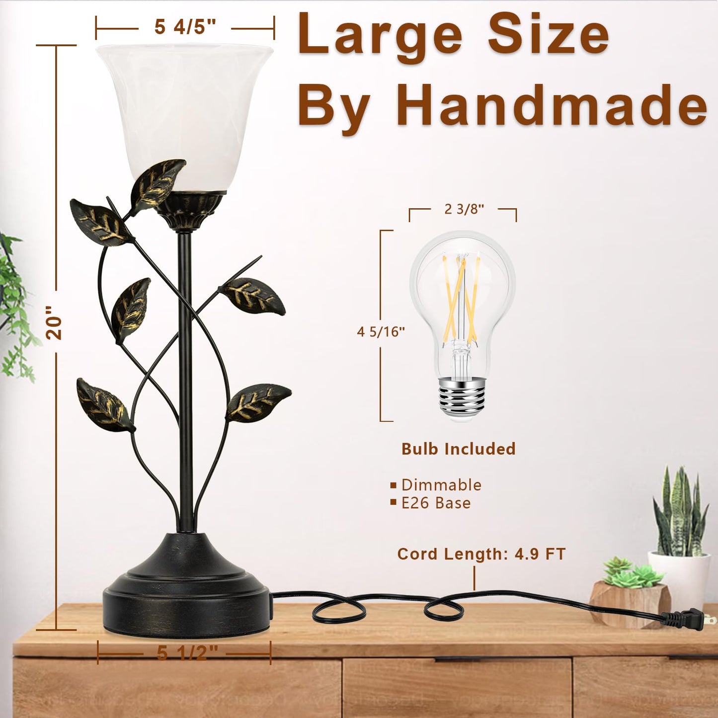 20 Inch Table Lamp for Bedroom with White Glass Shade, Retro Leaf Design Bedside Lamps Set of 2, 3-Way Dimmable Touch Control Lamps for Night Stands with USB C+A Charging Ports for Bedroom Living Room