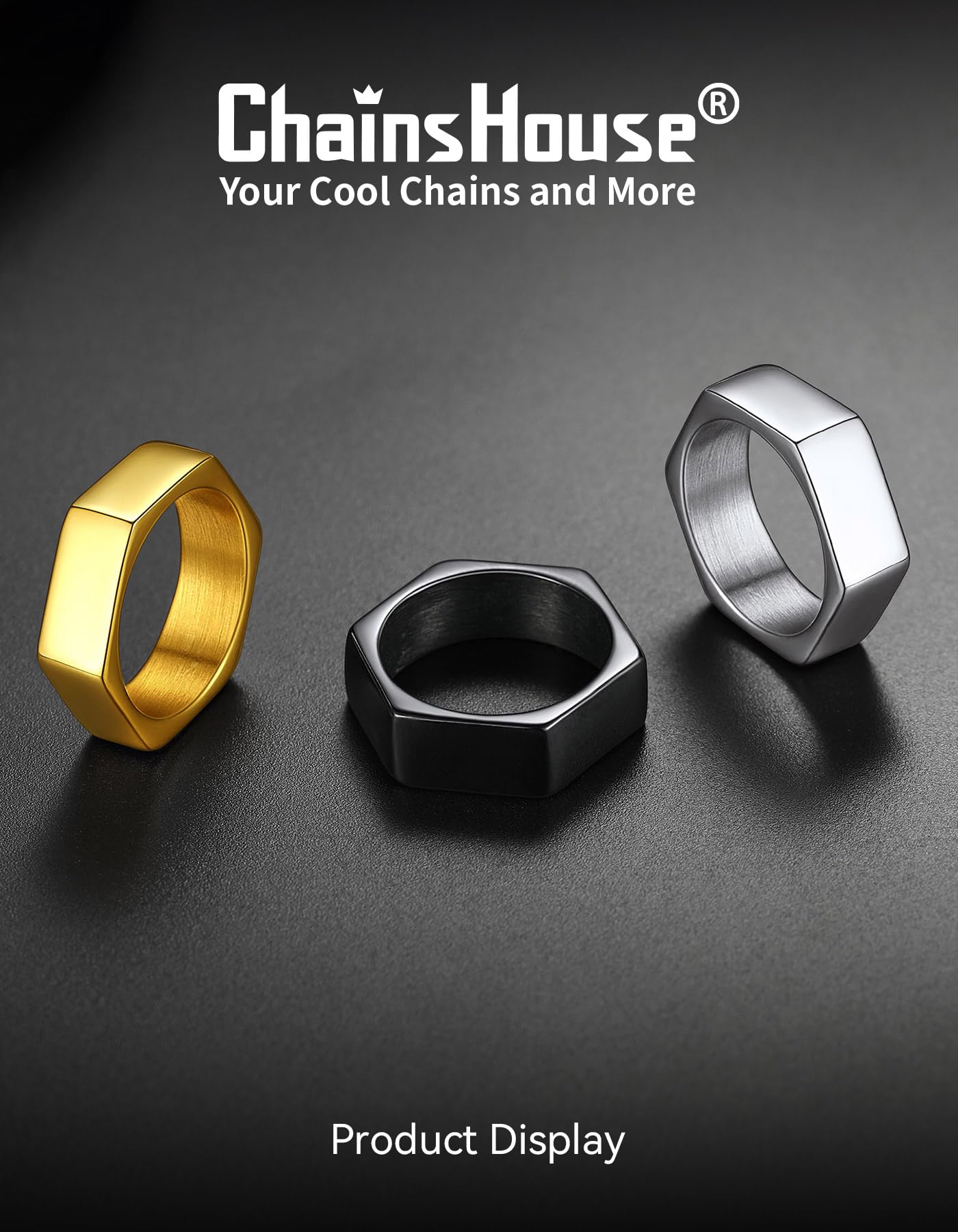ChainsHouse Black Biker Ring Stainless Steel Jewelry Size 9 Punk Hexagon Geometric Band Rings