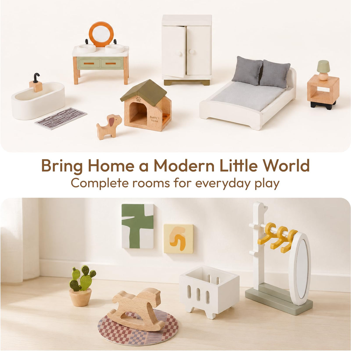Giant bean 33 PCS Wooden Dollhouse Furniture Set, Modern Doll House Accessories with Bedroom, Kitchen, Bathroom, Nursery & Living Room, Montessori Pretend Play Toys for Kids Girls Boys Age 3+