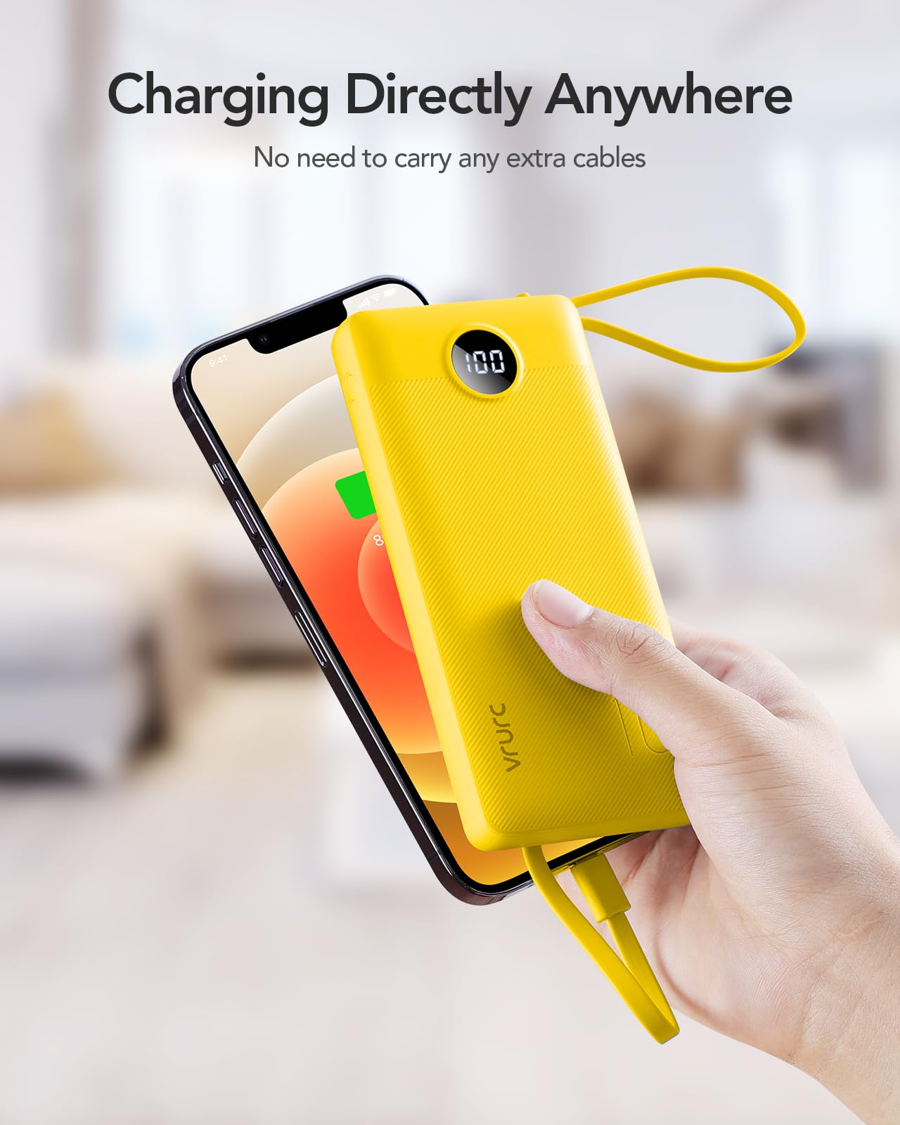 VRURC Portable Charger with Built in Cables, Slim Power Bank 10000mAh, USB C Battery Pack Travel Essential, 5 Outputs 2 Inputs Phone Charging Bank for iPhone 16 15 14 13,Samsung,Android-Black(1 Pack)
