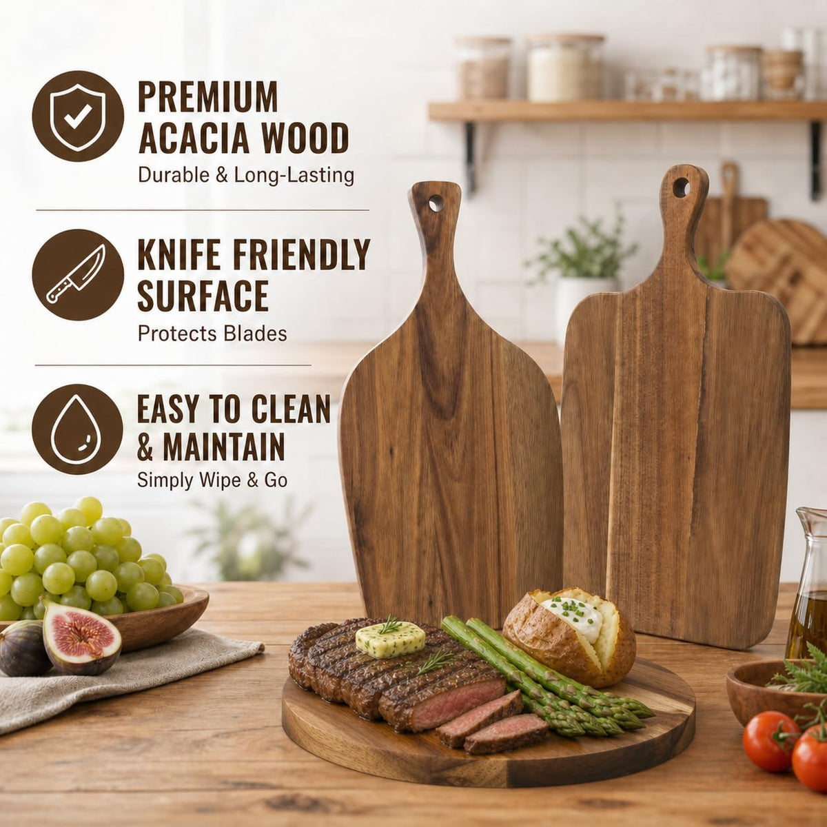 Ama Poem 3 Pack Acacia Wood Cutting Boards with Handle
