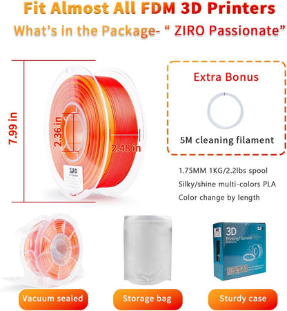 ZIRO Multicolor Silk Filament 1.75mm PLA, Fast Gradient Silky PLA Filament, 1kg/2.2lb Spool, Fit Most 3D Printers, Personality Series - Passionate