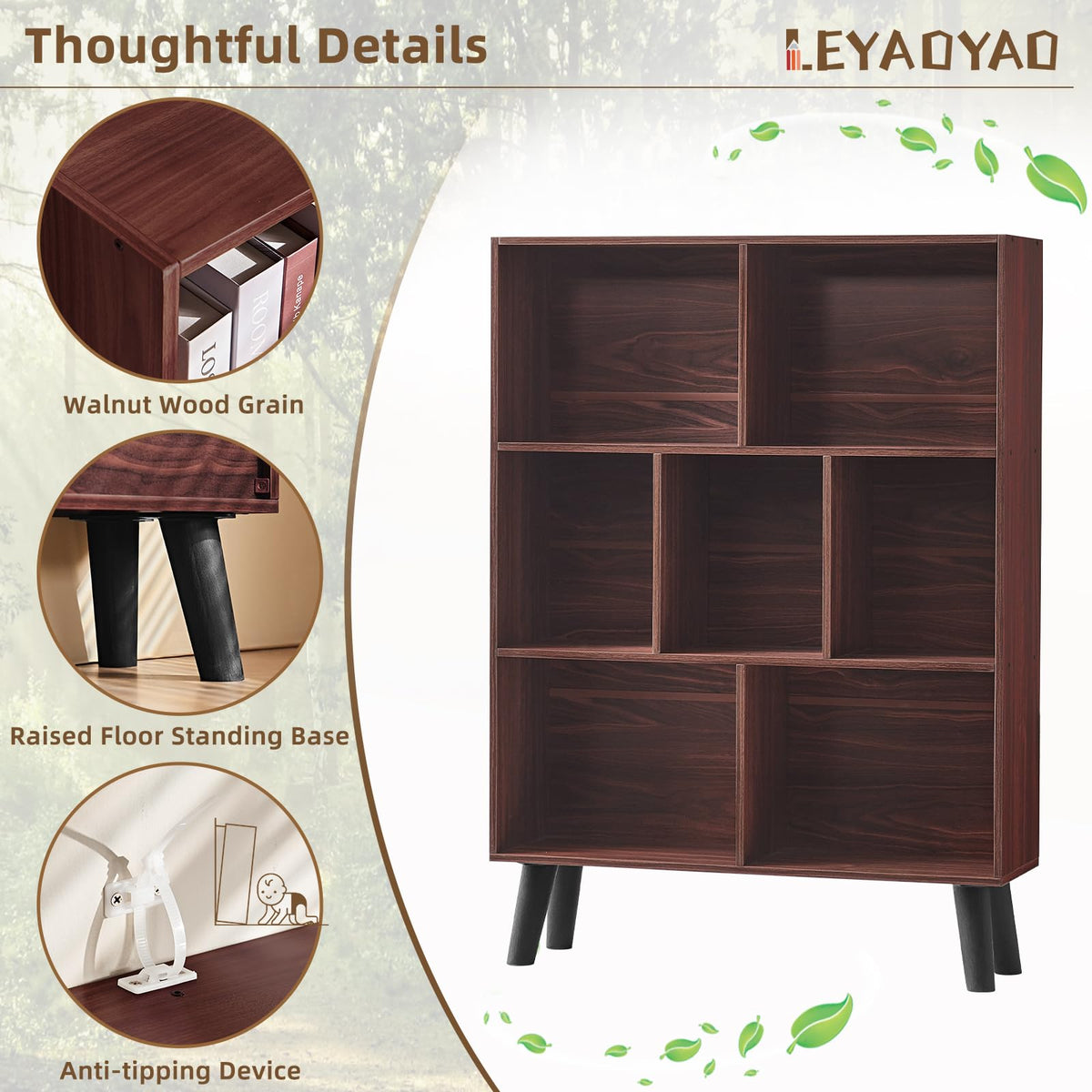 LEYAOYAO 7 Cube Bookshelf 3-Tier Bookcase with Legs, Mint-Walnut Kids Book Shelf Cute Storage Organizer, Toy Shelves Bookshelves,Wood Display Bookcases
