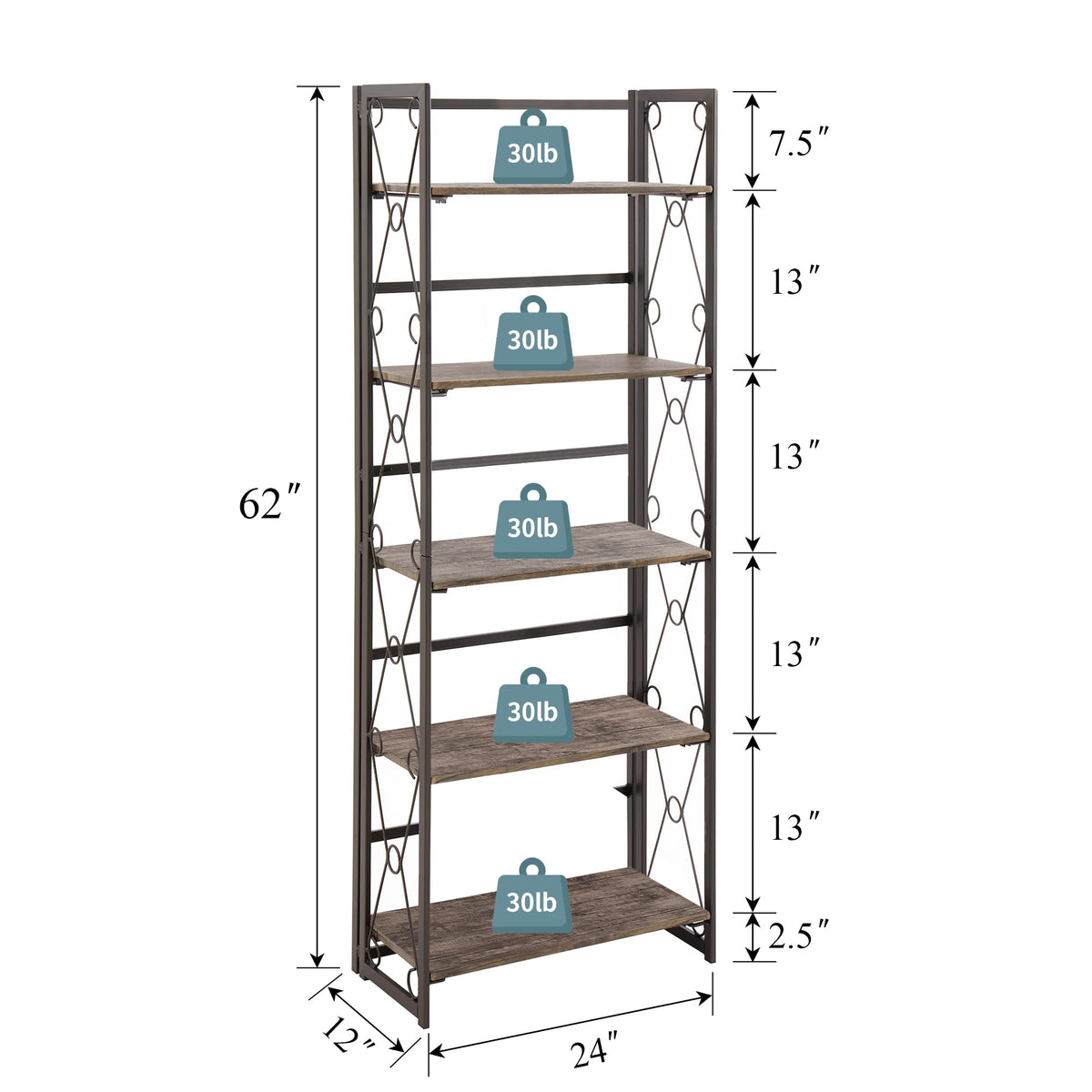 VECELO Folding Bookshelf, 5-Tier Bookcase Foldable, Industrial Tall Book Shelf Storage Organizer with Collapsible Metal Frame for Living Room/Home Office,Rustic Brown,1 Set