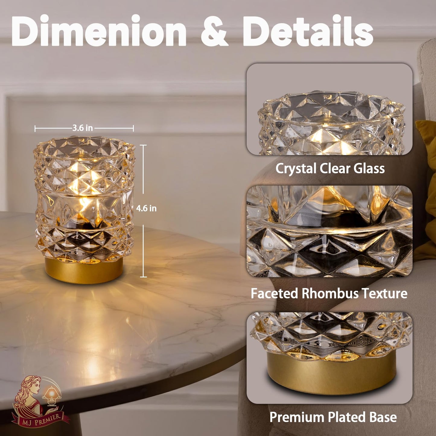 MJ PREMIER Battery Operated Lamp with Timer, Cordless Table Lamps for Shelf Decor, Rhombus Texture Aesthetic Crystal Lamp, Small Decorative Lamps for Bedroom/Bathroom/Kitchen/Entryway/Dorm (Clear)