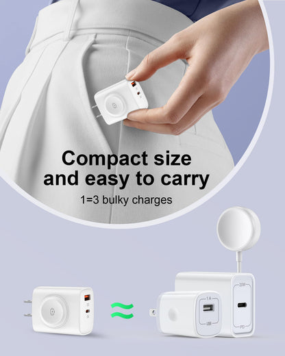 Portable Charger for Apple Watch, Dual Port Wall Charger Power Block, 3 in 1 iWatch Wireless Charge Cube, PD20W + QC18W Fast Charging Wall Plug for iPhone 17e 17 Pro Max 16e 16 15 14 13 12, iPad-White