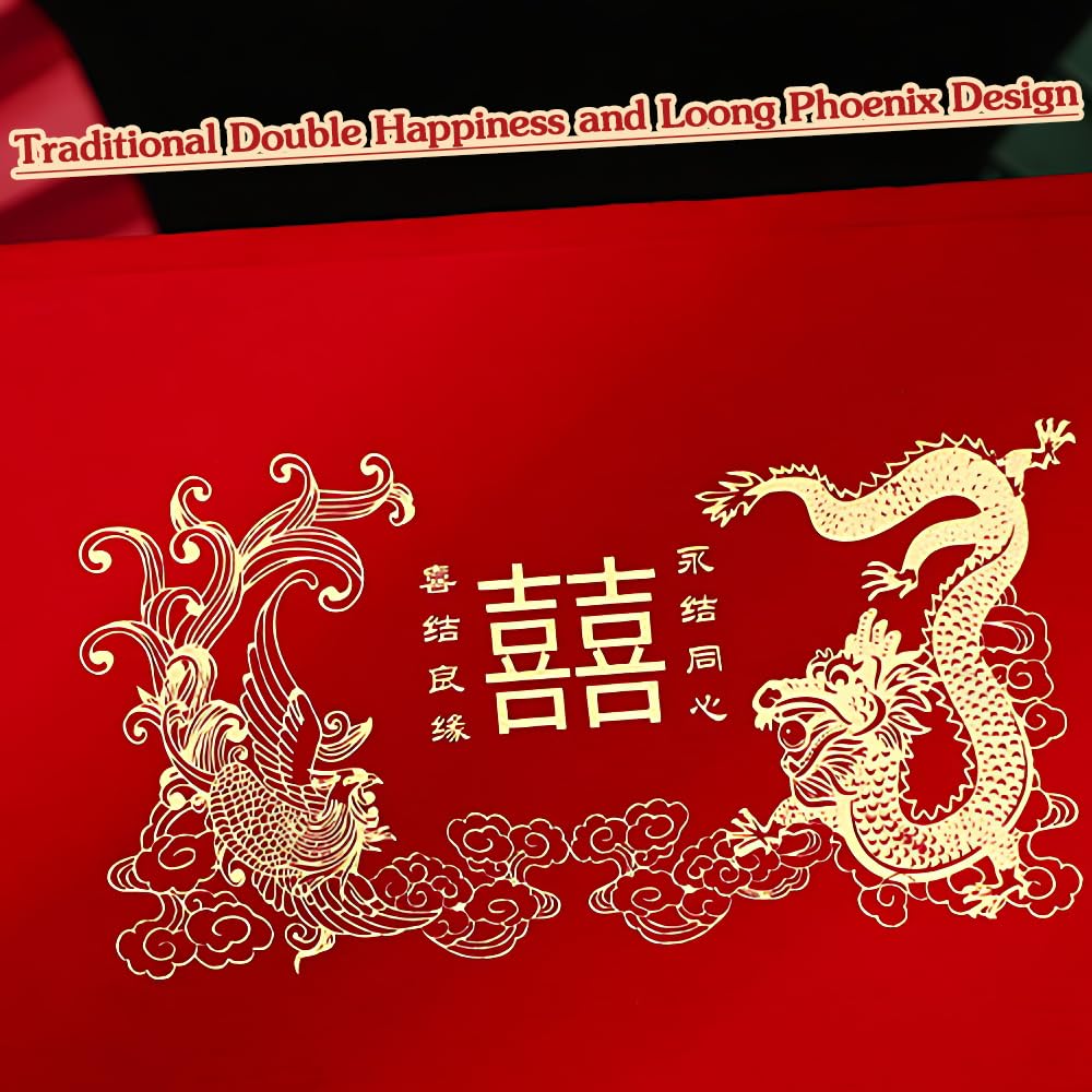 BAIWOVIS Chinese Wedding Jewelry Box for Groom, Double Happiness and Loong Phoenix Design, Chinese Engagement Red Velvet Presentation and Storage Case Gift Box for Gold Jewelry