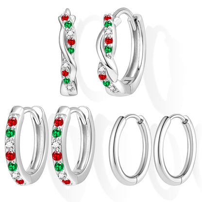 Inerney Sterling Silver Christmas Earrings Set for Women, Dainty Small Huggie Hoop Earrings Holiday Jewelry for Multiple Piercings, Trendy Twisted Cute Cartilage Hoops Winter Gift for Sensitive Ears