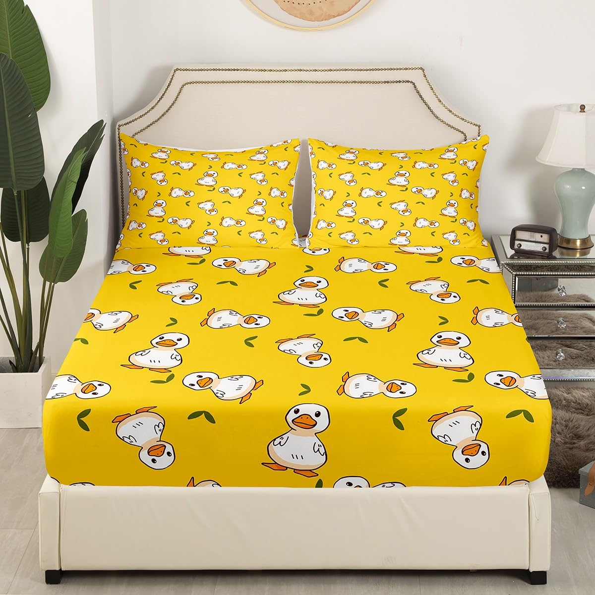 Erosebridal Duck Sheet Set, Cartoon Duck Bed Sheets for Kids, Lovely Hand Painted Bedding Set with Full Fitted Sheet + Flat Sheet + 2 Pillowcases