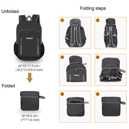 Bekahizar 20L Ultra Lightweight Backpack Foldable Hiking Daypack Rucksack Water Resistant Travel Day Bag for Men Women Kids Outdoor Camping Mountaineering Walking Cycling Climbing (Black)