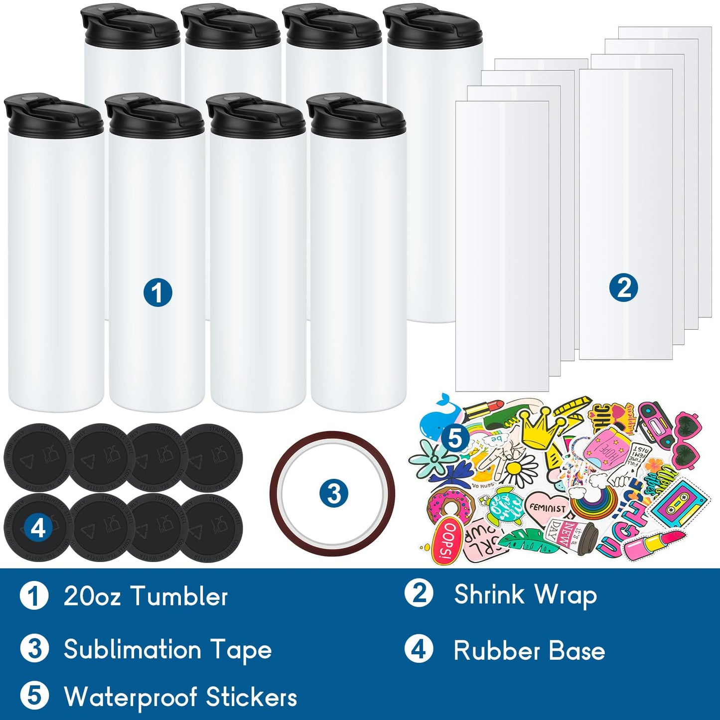 24Pack 20 oz Sublimation Tumblers Dual Opening Blank Bottles Triple-Insulated Stainless Steel Water Bottle with Straw Lid Blank Tumbler Bulk with Shrink Wrap, Rubber Base, Heat Tape for Heat Transfer